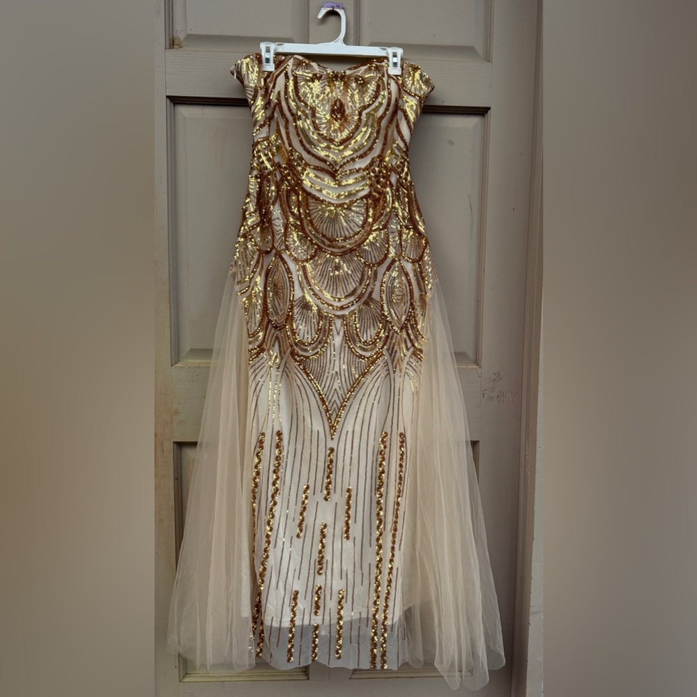 Sequin gold strapless maxi dress XL